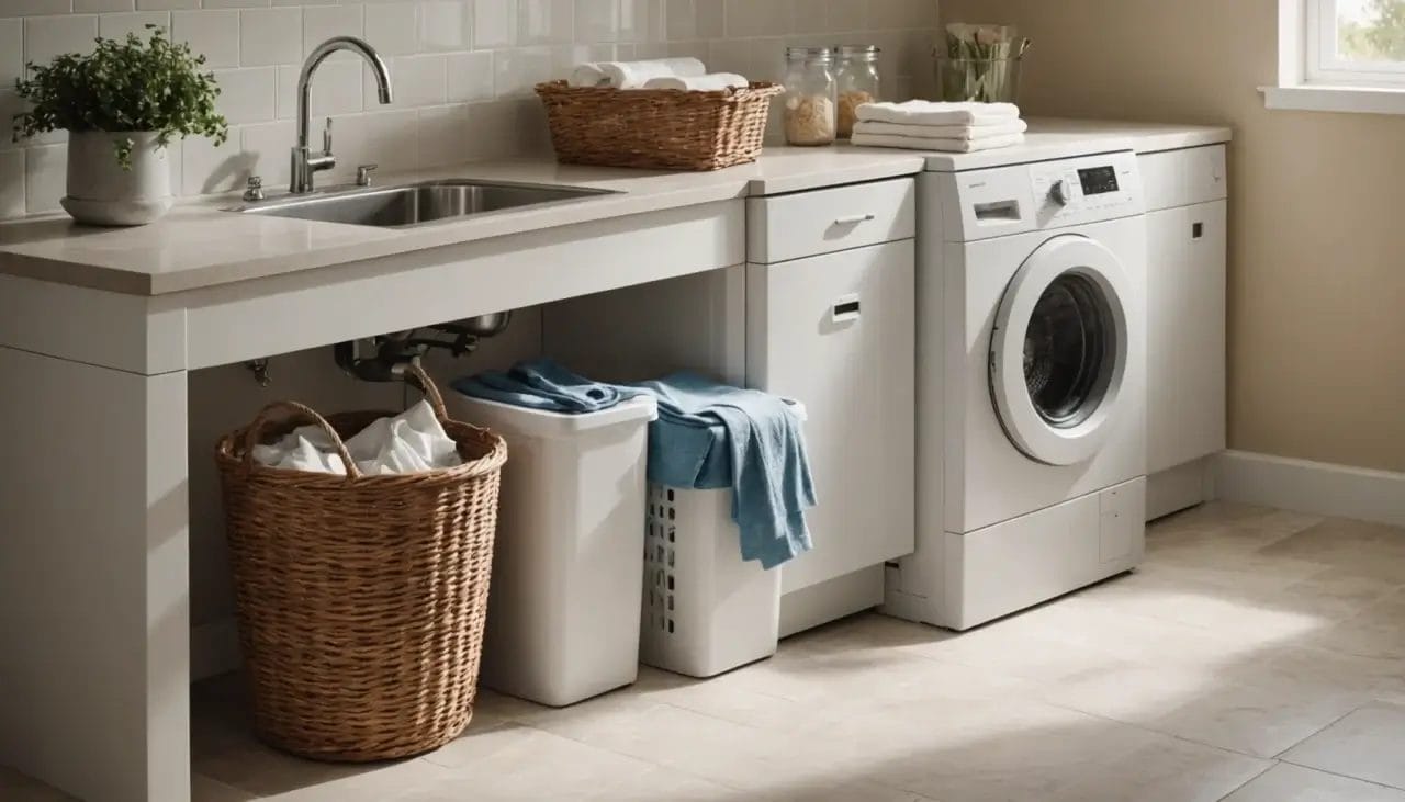 Desiccant containers and humidity-control bags in a sunlit laundry nook