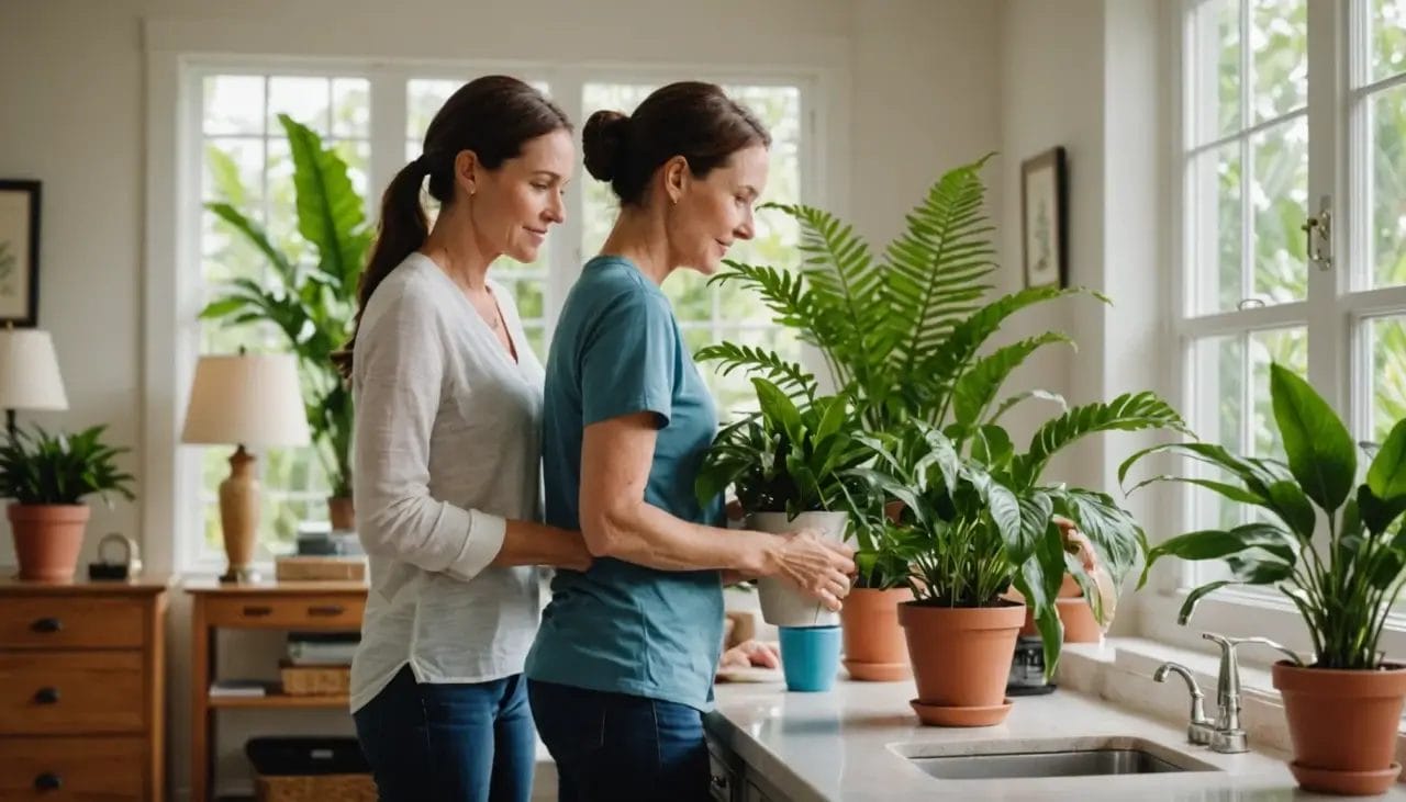 Homeowner tending houseplants near window, cleaning caddy in background